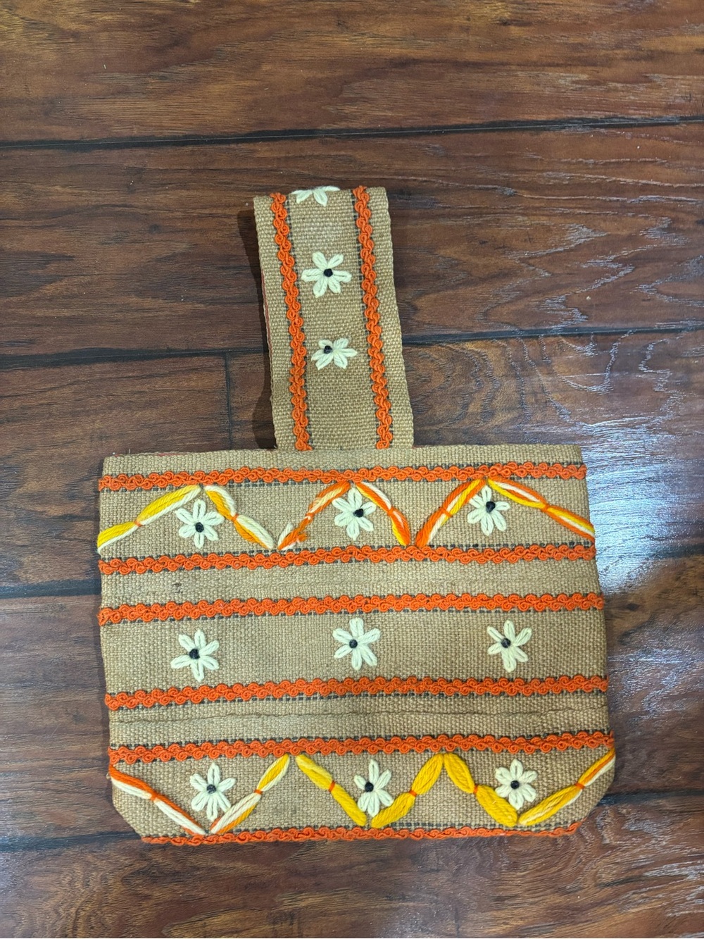 Embroidered Tan Tote bag with Orange & Yellow Accents
